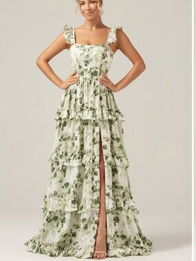 Green Floral Ruffles Tiered Floral Bridesmaid Dress with Slit